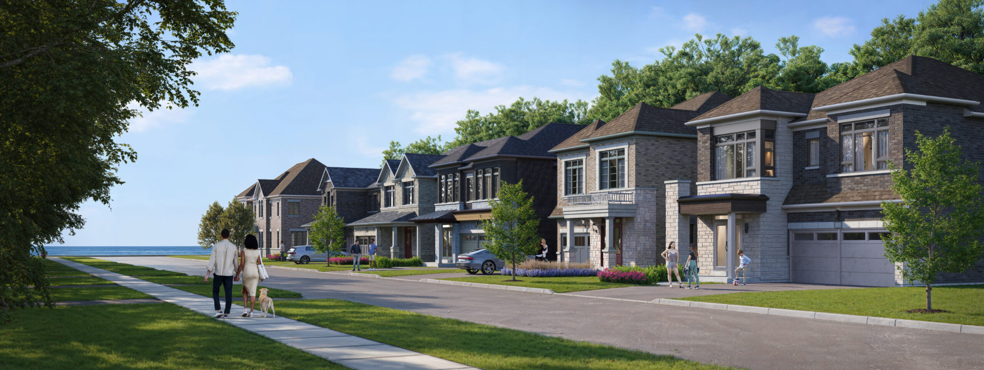 Streetscape of detached homes at Park and Lake — artist's concept
